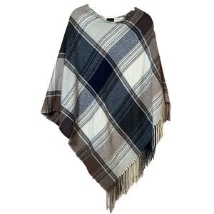 Coco Carmen Poncho Shawl Plaid OS Cream Blue Tan Fringe Boho Cozy Pullover
